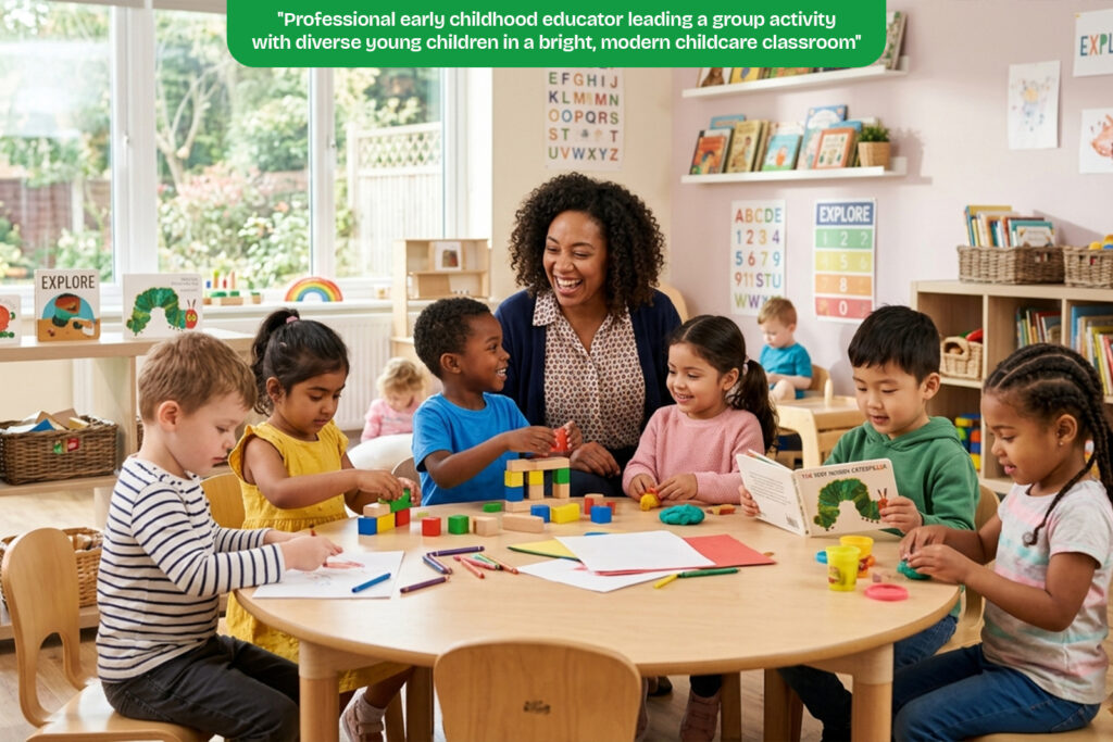 Early childhood educator leading learning activities with preschool children in Melbourne childcare centre