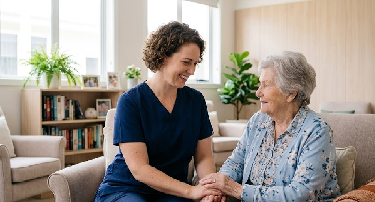 A compassionate aged care worker at Melbourne Metro College assisting an elderly patient, reflecting Certificate III and IV in Individual Support and Ageing Support training in Melbourne.