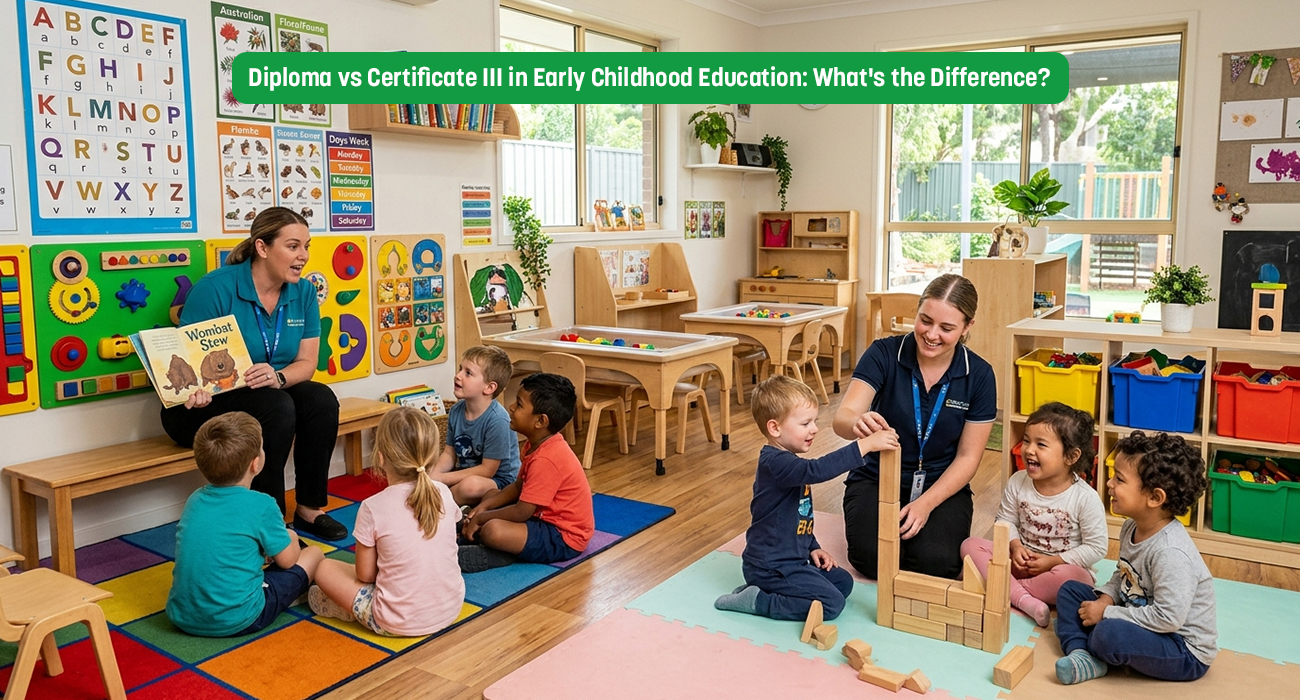 arly childhood education students in a hands-on training session at Melbourne Metro College, studying the CHC30125 Certificate III in Early Childhood Education and Care in Melbourne CBD.