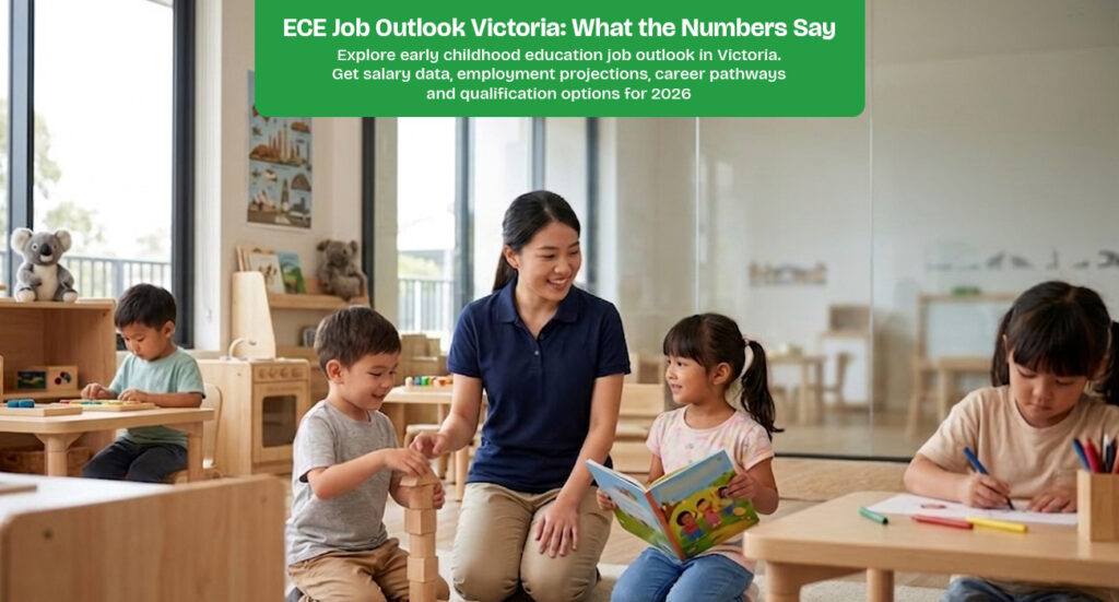 Female early childhood educator in navy blue polo shirt reading storybook with young girl in Victorian childcare centre while other children engage in creative play activities