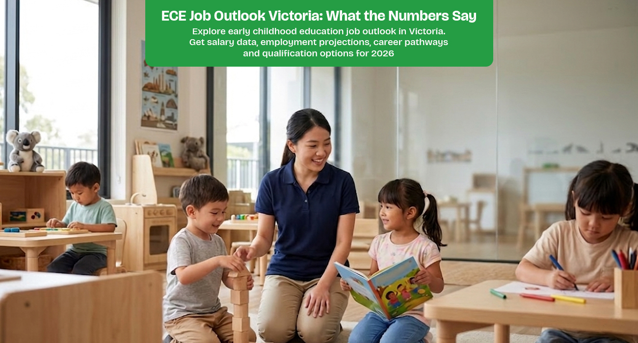 Female early childhood educator in navy blue polo shirt reading storybook with young girl in Victorian childcare centre while other children engage in creative play activities