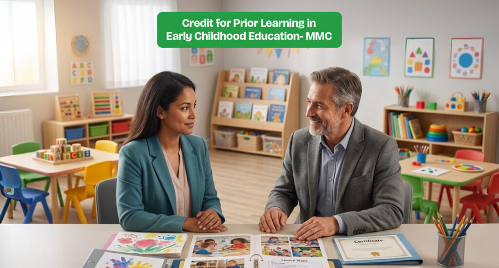 Educator A woman in a teal blazer and a man in a grey suit, both with professional appearances, are sitting together at a desk and smiling warmly at each other. They are reviewing a portfolio filled with colorful photos and documents.