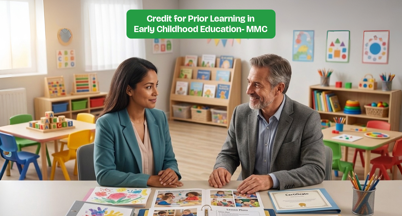 Educator A woman in a teal blazer and a man in a grey suit, both with professional appearances, are sitting together at a desk and smiling warmly at each other. They are reviewing a portfolio filled with colorful photos and documents.