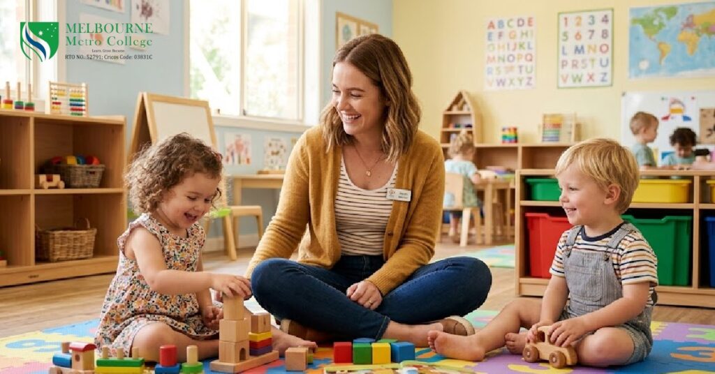 A warm and nurturing early childhood educator sitting on the floor engaging with toddlers in a bright childcare centre in Melbourne, Victoria, Australia