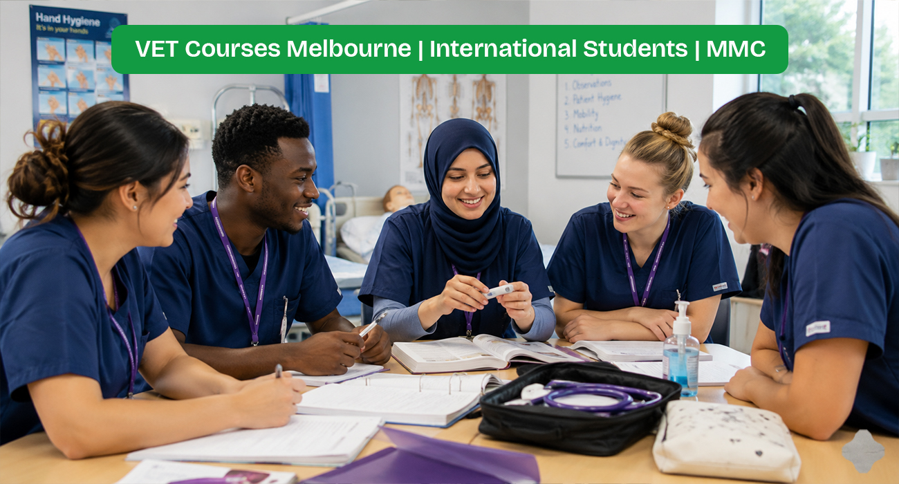Diverse international students in scrubs studying together at Melbourne Metro College VET training facility