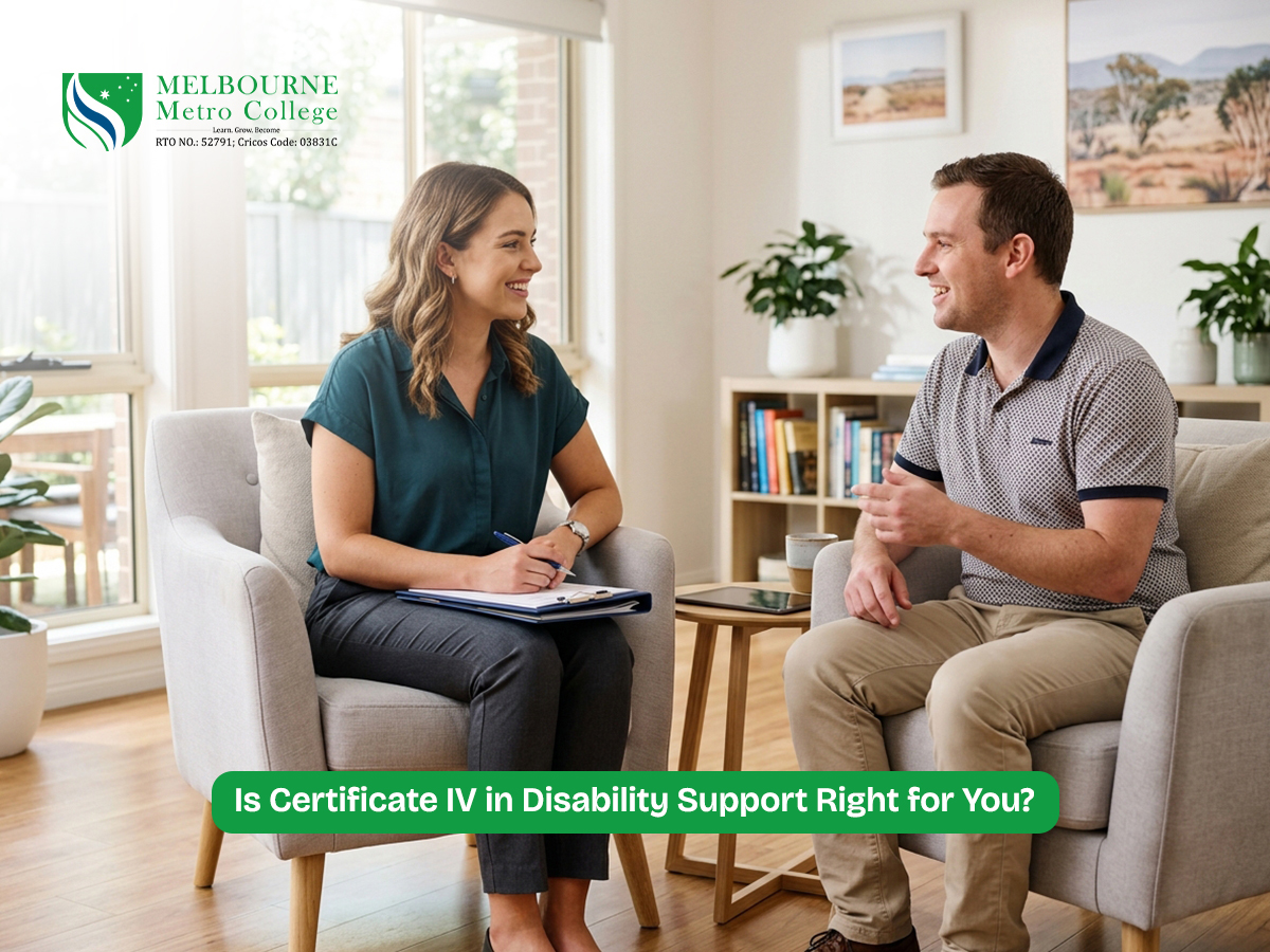 Disability support worker speaking with an adult participant in a home-style setting for CHC43121 Certificate IV in Disability Support in Melbourne.