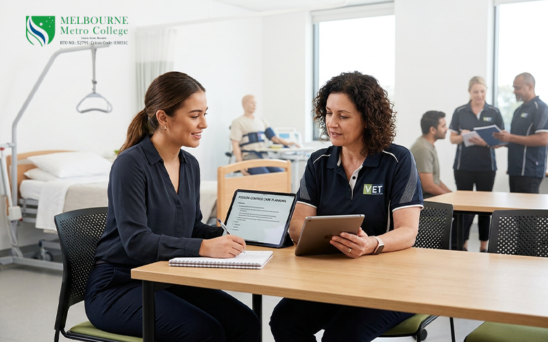 Adult student reviewing disability support career information with a trainer in a modern vocational learning setting.
