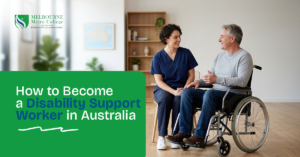 Disability support worker speaking with an adult wheelchair user in a professional home-style setting in Australia.