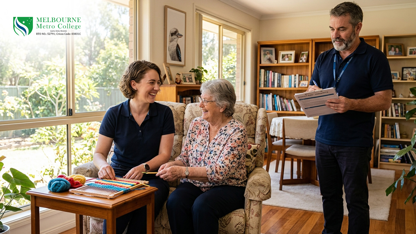 Disability support worker assisting elderly client at home in Melbourne, Australia