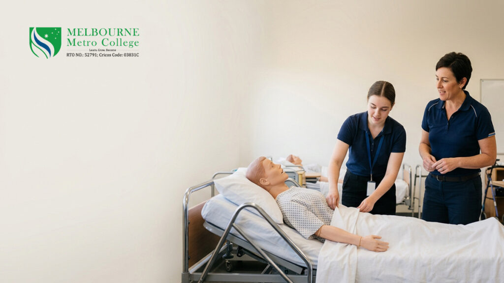 Trainee practicing personal care support skills under supervisor guidance in Melbourne classroom