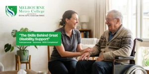 Disability support worker assisting participant in wheelchair at home in Melbourne