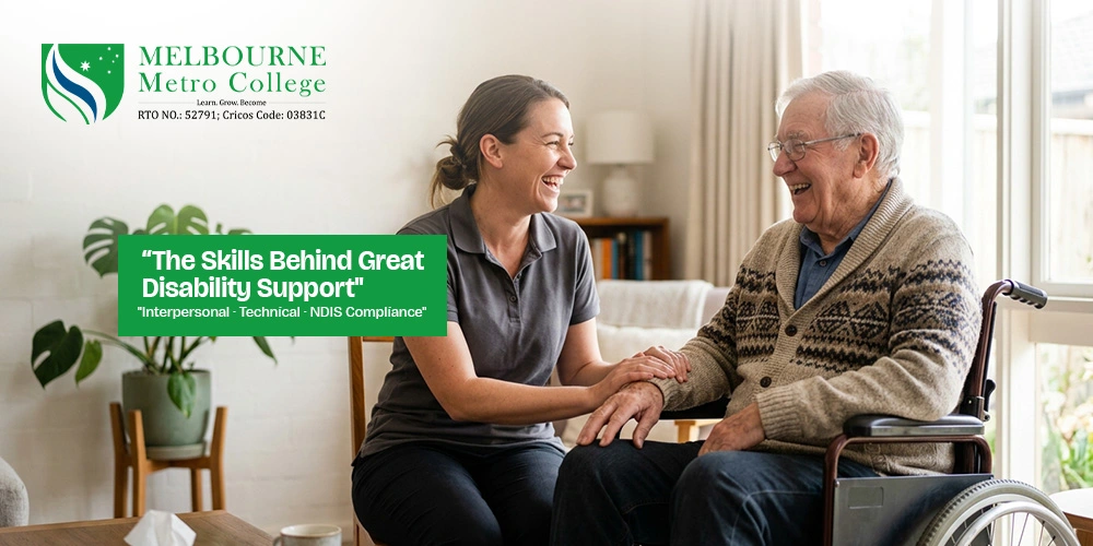 Disability support worker assisting participant in wheelchair at home in Melbourne