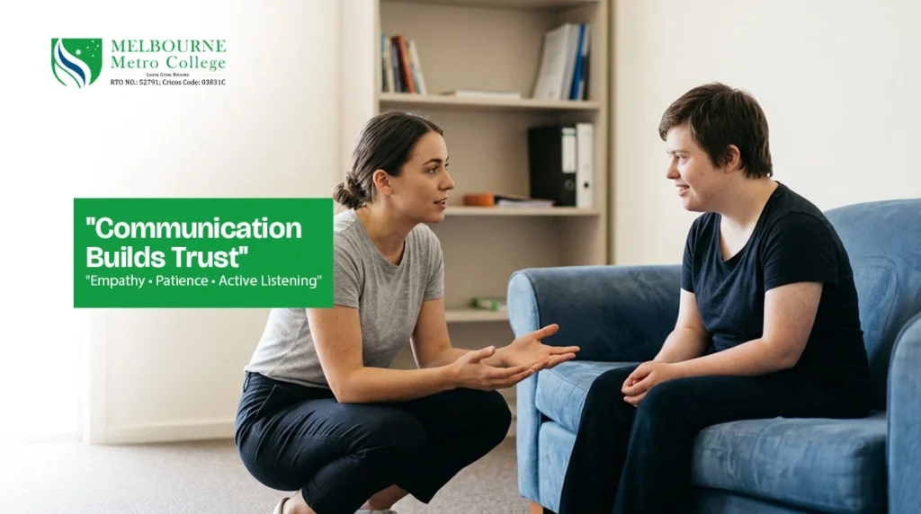 Support worker actively listening to participant during community session in Melbourne