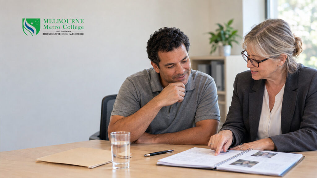 Cert IV disability support RPL assessment reviewed with assessor in office in Melbourne