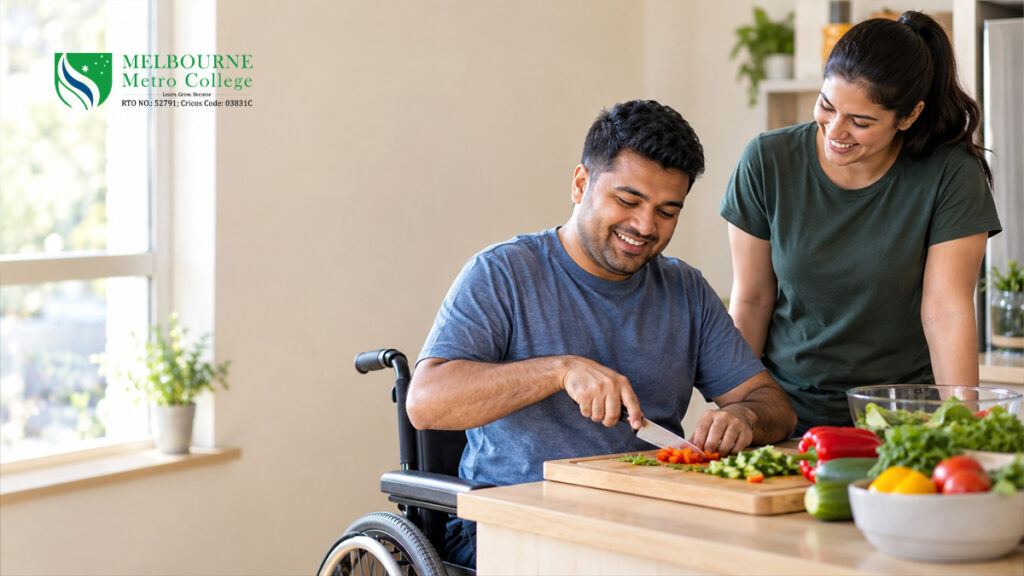 Cert IV disability support student on work placement supporting client in kitchen in Melbourne