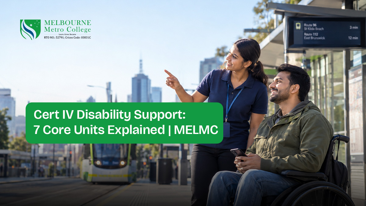 Certificate IV in Disability Support worker assists participant at Melbourne tram stop